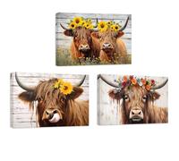 ZXHYWYM Funny Highland Cow Canvas Wall Art 3 Pieces Cute Cattle with Sunflower Poster Prints Western Animals Pictures for Country Kitchen Bathroom Decor (Funny-2, 11.00" x 14.00" x 3PCS)