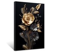 ZXHYWYM Golden Flowers Leave Wall Decor Abstract Black Gold Picture Painting Elegant Floral Canvas Prints Modern Artwork for Living Room Framed (Picture-3, (16.00" x 24.00"))