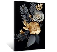 ZXHYWYM Golden Flowers Leave Wall Decor Abstract Black Gold Picture Painting Elegant Floral Canvas Prints Modern Artwork for Living Room Framed (Picture-2, (12.00" x 18.00"))