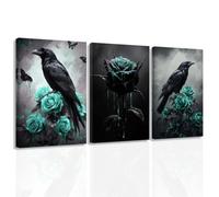 ZXHYWYM Gothic Canvas Wall Art Set of 3 Crow and Rose Art Prints Dark Goth Pictures Halloween Black Crow Painting for Bedroom Bathroom Home Decor Framed (30x40cmx3)