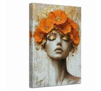 ZXHYWYM Gray and Gold Orange Floral Canvas Wall Art Women Flower Head Picture Prints Neutral Abstract Art Poster Paintings Wall Decor for Living Room Bedroom Bathroom (Orange, (60L x 40W cm))