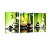 ZXHYWYM Grenn Zen Wall Art 3 Piece Bamboo White Flower Pictures Zen Stone Canvas Print Meditation Spa Yoga Room Office Bathroom Decor Framed (A, (40x60cmx3))