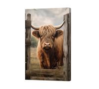 ZXHYWYM Highland Cattle Wall Decor Rustic Farmhouse Cow Painting Farm Animal Canvas Pictures Vintage Western Landscape Artwork for Kitchen Bathroom Framed (A, (60.00 x 90.00 cms))