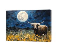 ZXHYWYM Highland Cow Canvas Wall Art Abstract Cattle And Full Moon Pictures Farmhouse Animal Landscape Painting Prints for Home Decor Framed (A, (50.00 x 75.00 cms))