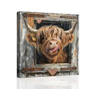 ZXHYWYM Highland Cow Picture Funny Highland Cattle Wall Art Prints Vintage Cow Painting Canvas Bathroom Farmhouse Kitchen Home Wall Decor Artwork Framed (Black, (40.00 x 40.00 cms))