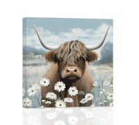 ZXHYWYM Highland Cow Wall Art Cattle White Daisy Flower Canvas Print Rustic Farmhouse Bathroom Picture Animal Poster for Home Decor Frame (C, (40.00 x 40.00 cms))