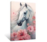 ZXHYWYM Horse Canvas Wall Art White Horse Pink Flowers Picture Prints Romantic Elegant Artwork Western Animal Portrait Paintings Home Office Decor Framed(4, (12.00" x 18.00"))