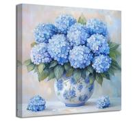 ZXHYWYM Hydrangea Wall Art Blue Bathroom Decor Blue Hydrangea Pictures Wall Decor Rustic Floral Poster Prints Flowers in Vase Painting Home Decor Framed (18" x 18")