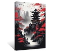 ZXHYWYM Japanese Canvas Wall Art Red and Black Cherry Trees Pagoda Painting Japanese Landscape Poster Prints Japan Themed Artwork Wall Decor(Picture-2, (16.00" x 24.00"))
