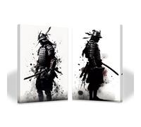 ZXHYWYM Japanese Samurai Wall Art 2 Piece Black Samurai Portrait Pictures Japan Warrior Canvas Print Bushido Artwork Gift for Boy Man Room Office Decor Framed (A, (28x35cmx2))