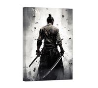 ZXHYWYM Japanese Samurai Wall Art Black and White Armored Samurai Canvas Picture Japan Warrior Poster Bushido Print Wall Decor Frame (Samurai - 2, 30.00 x 45.00 cms)
