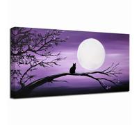 ZXHYWYM Large Full Moon Canvas Wall Art Night Forest Picture Prints Black Cat in Tree Art Poster Nature Landscape Paintings Office Living Room Bedroom Bathroom Decor (Purple, 50L x 100W cm)