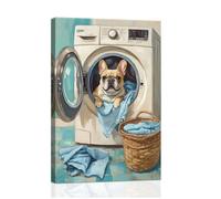 ZXHYWYM Laundry Room Wall Art Wall Decor Funny Dog Canvas Prints Laundry Sign Decor for Laundromat Dry Cleaning Store Bathroom Hotel Framed (Teal, (30 x 45 cms)