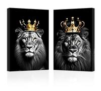 ZXHYWYM Lion and Lioness Canvas Wall Art 2 Pieces Lion King with Gold Crown Poster Prints Wild Animal Pictures Black and White Artwork Office Decor(1, (16.00" x 24.00" x 2PCS))
