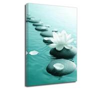 ZXHYWYM Lotus Stone Wall Art Water Lily Canvas Print Artwork Zen Poster Botanical Decor Paintings Modern Spiritual Poster for Bedroom Bathroom Yoga Spa (Teal, 45L x 30W cm)