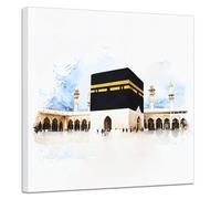 ZXHYWYM Mecca Canvas Wall Art Mecca Kaaba Watercolor Picture Prints Islamic Painting Muslim Wall Decor for Living Room Bedroom Framed(Mecca, (18.00" x 18.00"))