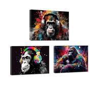 ZXHYWYM Monkey Pictures Wall Decor Funny Cool Monkey Gorilla Canvas Prints Gorilla with Headphones Painting Happy Music Animal Artwork Frame (A, (28x35cmx3))