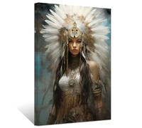 ZXHYWYM Native American Canvas Wall Art Indian Girl Headdress Feathered Picture Prints Indian Chief Tribal Painting Southwest Artwork Wall Decor Framed(2, (12.00" x 18.00"))