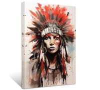 ZXHYWYM Native American Canvas Wall Art Indian Girl Headdress Feathered Picture Prints Indian Chief Tribal Painting Southwest Artwork Home Decor Framed(2, (12.00" x 18.00"))