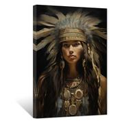 ZXHYWYM Native American Canvas Wall Art Indian Women Headdress Feathered Picture Prints Indian Chief Tribal Painting Southwest Artwork Wall Decor Framed(3, (16.00" x 24.00"))