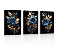 ZXHYWYM Navy Blue Decor 3 Pieces Black Golden Rose Picture Abstract Blue and Gold Flower Artwork Canvas Prints for Living Room Office Home Decor(1, (12.00" x 16.00" x 3PCS))