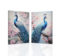 ZXHYWYM Peacock Wall Art Set of 2 Blue Peacock Pictures Wall Decor Elegant Peacock Painting Beautiful Animal Poster Canvas Prints Home Decor Frame (Peacock - 2, 28x35cmx2)
