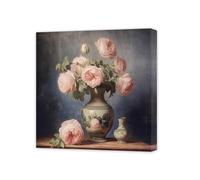 ZXHYWYM Peony Flower Wall Art Floral Painting Canvas Pink Flower Picture Art Prints Vintage Rustic Farmhouse Kitchen Bathroom Wall Decor Framed (A, (30.00 x 30.00 cms))