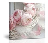 ZXHYWYM Pink Flower Canvas Wall Art Bathroom Floral Decor Peony Picture Botanical Blush Poster Prints Rustic Farmhouse Painting for Girls Room Decor Framed (40L x 40W cm)