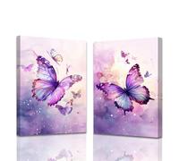 ZXHYWYM Purple Butterfly Wall Art 2 Pieces Watercolor Purple Butterflies Flying Canvas Prints Abstract Insect Paintings Purple Room Decor for Girls Framed (Purple, (40x60cmx2 Pieces))