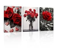 ZXHYWYM Red Rose Canvas Wall Art 3 Pieces Elegant Rose Flower Painting Prints Blooming Floral Picture Romantic Artwork Home Decor Framed(1, (16.00" x 24.00" x 3PCS))