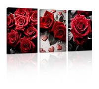 ZXHYWYM Red Rose Canvas Wall Art 3 Pieces Elegant Rose Flower Painting Prints Blooming Floral Picture Romantic Artwork Home Decor Framed(2, (11.00" x 14.00" x 3PCS))