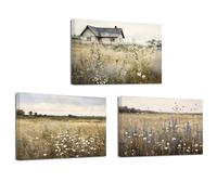 ZXHYWYM Retro Landscape Wall Art 3 Pieces Wildflower Field Meadow Canvas Prints French Country Painting Rustic Botanical Farmhouse Wall Decor Framed(3, (20.00" x 28.00" x 3PCS))
