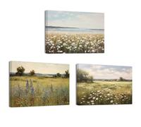ZXHYWYM Retro Landscape Wall Art 3 Pieces Wildflower Field Meadow Canvas Prints French Country Painting Rustic Botanical Farmhouse Wall Decor Framed(1, (11.00" x 14.00" x 3PCS))