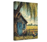 ZXHYWYM Rooster Wall Art Farmhouse Kitchen Pictures Rustic House Poster Farm Chicken Artwork Willow Trees Animal Canvas Prints for Cabin Outhouse Bathroom (Teal, (40L x 60W cm))