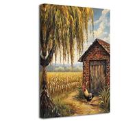 ZXHYWYM Rooster Wall Art Farmhouse Kitchen Pictures Rustic House Poster Farm Chicken Artwork Willow Trees Animal Canvas Prints for Cabin Outhouse Bathroom (Red, (30L x 45W cm))