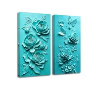 ZXHYWYM Rose Butterfly Canvas Wall Art Teal 2 Piece Pictures Relief Floral Painting 3D Print Wall Decor Textured Living Room Bedroom Home Decor Framed 20x40cmx2
