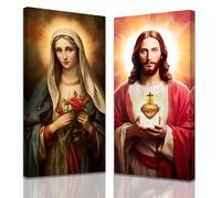 ZXHYWYM Sacred Heart of Jesus and Mary Wall Art Christian Pictures for Wall Jesus and Virgin Mary Portraits Canvas Prints Catholic Painting Church Decor Framed (Red, (20x40cmx2 Pieces))