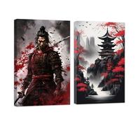 ZXHYWYM Samurai Wall Art 2 Piece Bushido Poster Japan Landscape Canvas Asian Warrior Prints Red And Black Japanese Culture Picture Wall Decor Framed (C, (30x40cmx2))