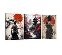 ZXHYWYM Samurai Wall Art 3 Piece Bushido Inspirational Poster Asian Warrior Print Canvas Red And Black Japanese Culture Painting for Office Home Decor Framed (A, (30x40cmx3))