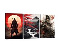 ZXHYWYM Samurai Wall Art 3 Piece Bushido Inspirational Poster Asian Warrior Print Canvas Red And Black Japanese Culture Painting for Office Home Decor Framed (B, (30x40cmx3))