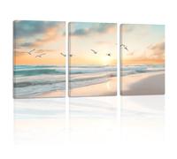 ZXHYWYM Sunset Beach Wall Art 3 Pieces Seagulls Flying Ocean Waves Pictures Seascape Paintings Prints Home Decor for Bathroom Living Room Framed(3, (11.00" x 14.00" x 3PCS))
