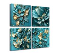 ZXHYWYM Teal and Gold Wall Art 4 Piece Floral Wall Decor 3D Printed Flower Painting Canvas Elegant Blossom Pictures Modern Living Room Bedroom Office Home Decor Framed 20x20cmx4