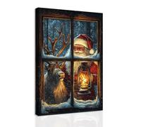 ZXHYWYM Vintage Santa Claus Wall Art Santa and Reindeer Pictures Christmas Wall Decor Xmas Painting on Canvas Deer Prints Winter Christmas Home Decor Framed (Red, (30.00 x 45.00 cms))