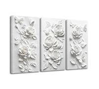 ZXHYWYM White 3D Wall Art Relief Rose Butterfly Painting 3 Piece Textured Flower Pictures Wall Decor for Living Room Bedroom Home Decor Framed 20x40cmx3