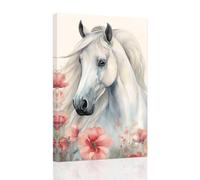 ZXHYWYM White Horse Head Canvas Wall Art Large Horse Pictures Wall Decor with Pink Flowers Western Animal Painting Farmhouse Office Wall Decor Framed (A, (30.00 x 45.00 cms))