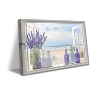 ZXHYWYM Window Wall Art Bathroom Pictures Wall Decor Lavender Canvas Pictures Rustic Flowers Paintings Beach Window Print Farmhouse Decor Frame (White, (70L x 105W cm))