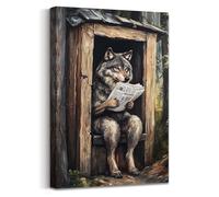 ZXHYWYM Wolf Wall Art Animal Bathroom Decor Wolf in Outhouse Toilet Canvas Prints Funny Wolf Reading Newspaper Poster Wildlife Picture Forest Cabin Artwork (30L x 45W cm)