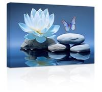 ZXHYWYM Zen Picture Lotus Wall Art Stone Butterfly Water Lily Canvas Prints Teal Blue Bathroom Wall Decor Spiritual Artwork for Yoga Spa Meditation Room(Picture-1, (24.00" x 36.00"))