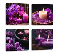 ZXHYWYM Zen Picture Spa Wall Art 4 Pieces Purple Orchid Lotus Candle Painting Canvas Prints Meditation Relax Artwork Yoga Room Bathroom Wall Decor(2, (8.00" x 8.00" x 4PCS))
