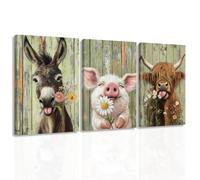 ZXHYWYM3 Piece Farm Animal Wall Art Funny Highland Cow Donkey Pig Painting Animal and Flower Pictures Farmhouse Canvas Prints Home Decor Framed (28x35cmx3)